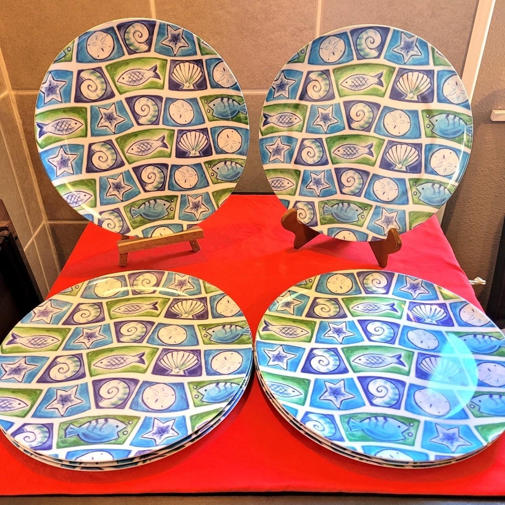 Melamine Green And Blue Nautical Plates, Set of 8